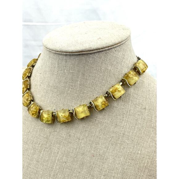 VTG Coro Confetti Necklace Thermoset Lucite with Gold Flecks 16" Signed MCM - Picture 9 of 16